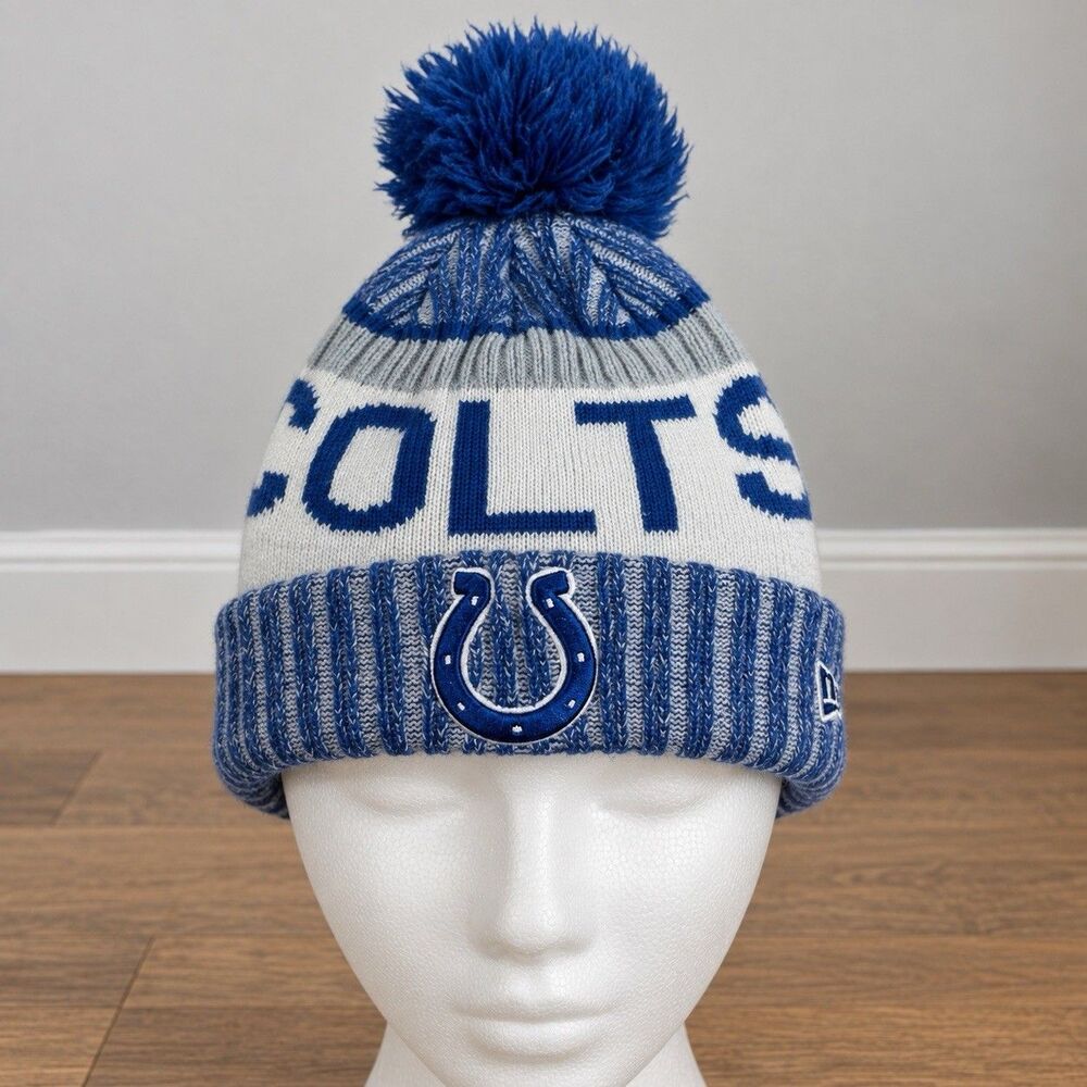Indianapolis Colts New Era Beanie NFL Pom Knit Hat Blue Gray Cuffed Horseshoe